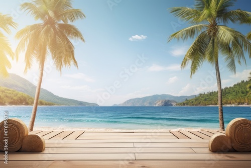 Wooden podium on the beach with trees and blue sky vacation background.