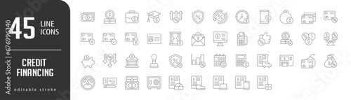 Credit FinancingLine Editable stoke Icons set. Vector illustration in modern thin lineal icons types: Cash Money, Coins, Money Case, Education, Rate Increase,  and more.