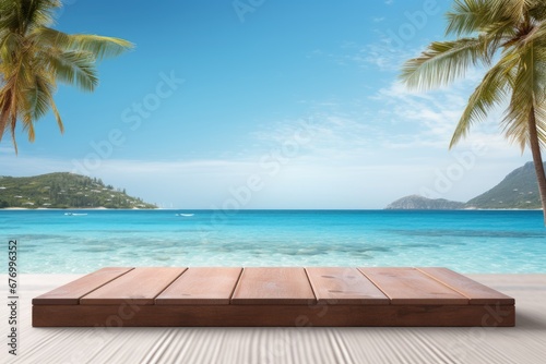 Wooden podium on the beach with trees and blue sky vacation background. © Virtual Art Studio