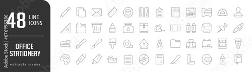 Office StationeryLine Editable stoke Icons set. Vector illustration in modern thin lineal icons types: Pencil, Papers, Message, Ruler, Folder Document, and more.