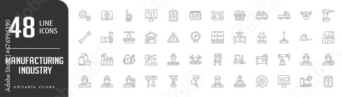 Manufacturing IndustryLine Editable stoke Icons set. Vector illustration in modern thin lineal icons types: mechasim Gears, World, Control System, Walkie Talkie, Barrier,  and more.