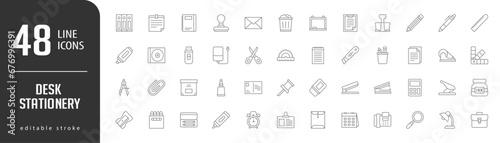 Desk StationeryLine Editable stoke Icons set. Vector illustration in modern thin lineal icons types: File folder, agenda book, stamp, sticky note, envelop,  and more. photo