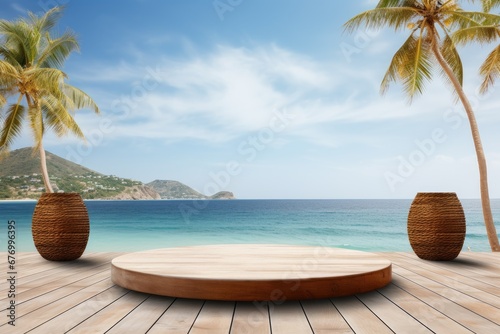 Fototapeta Naklejka Na Ścianę i Meble -  Wooden podium on the beach with trees and blue sky vacation background.