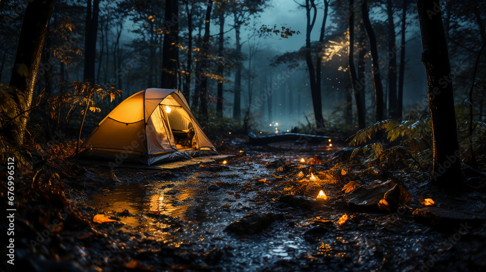 Tent in the forest. AI generative