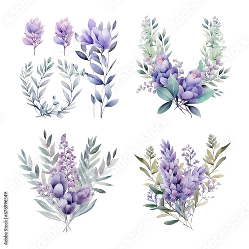 Watercolor lavender ornament set. Hand drawn isolated on transparent background. © gusion