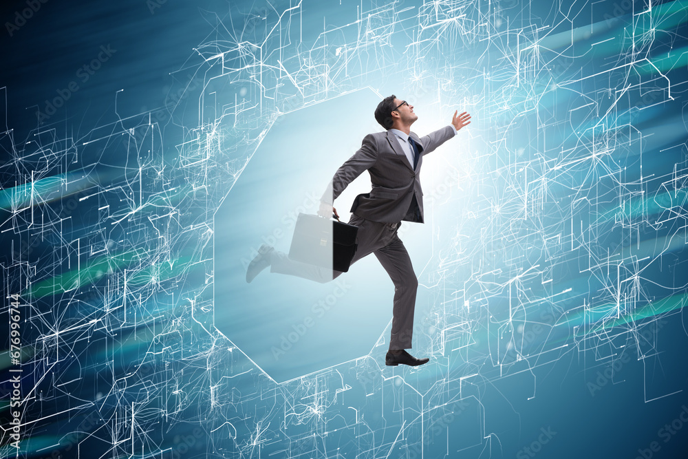 Businessman entering virtual world in business concept
