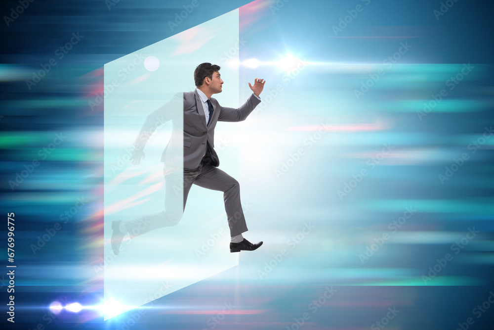 Businessman entering virtual world in business concept Businessman entering virtual world in business concept