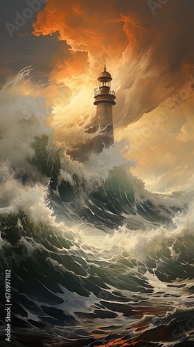 Beautiful image of a lighthouse in a storm with big waves at dawn.