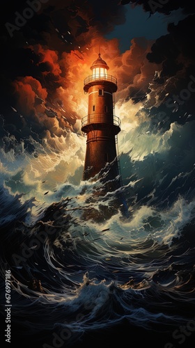 Beautiful image of a lighthouse in a storm with big waves at dawn.