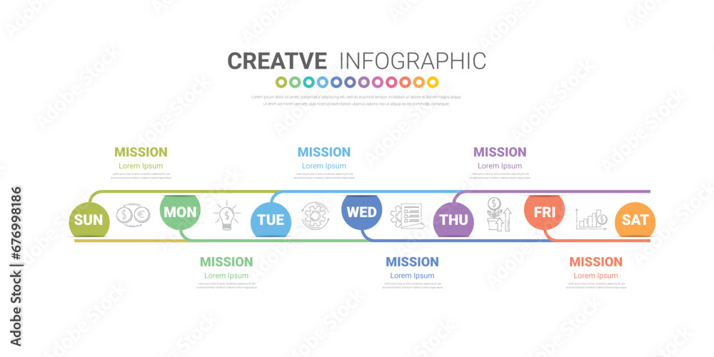 Timeline business for 7 day, week, infographics design vector and Presentation can be used for Business concept with 7 options, steps or processes.