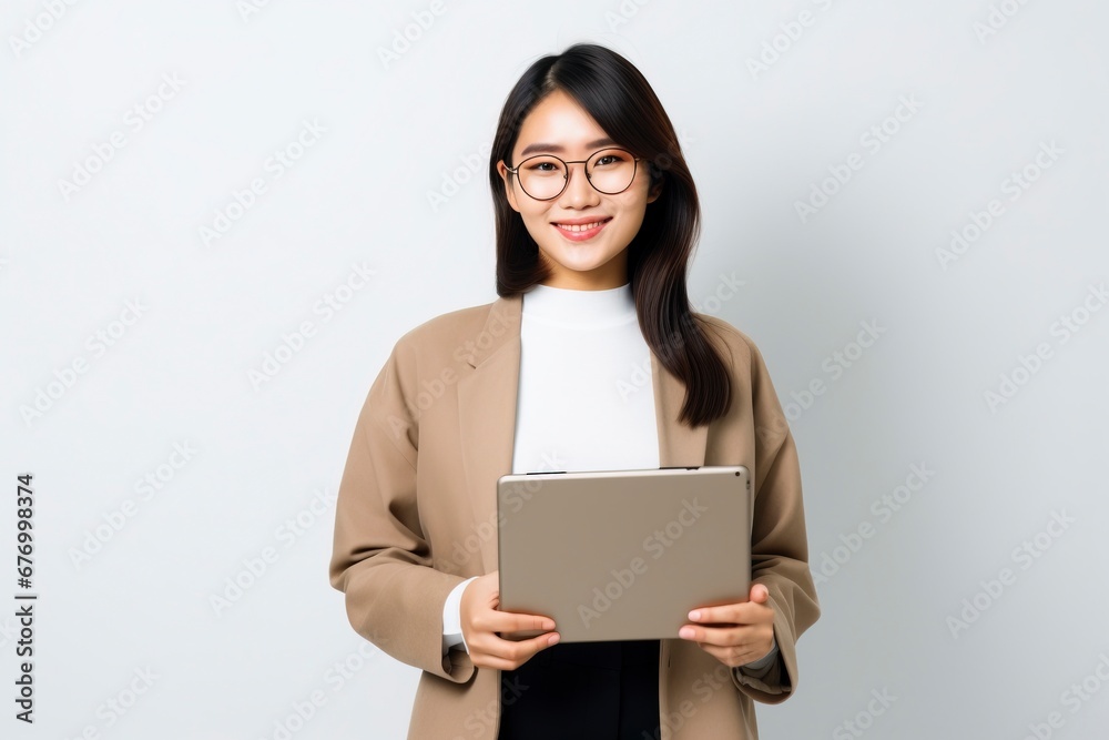 Image of young asian woman company worker in glasses smiling and holding digital tablet standing over white background, generative ai Image of young asian woman company worker in glasses smiling and holding digital tablet standing over white background, generative ai