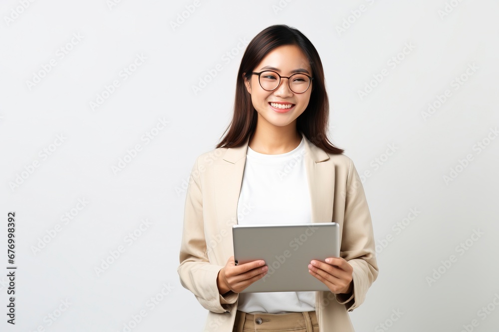 Image of young asian woman company worker in glasses smiling and holding digital tablet standing over white background, generative ai Image of young asian woman company worker in glasses smiling and holding digital tablet standing over white background, generative ai