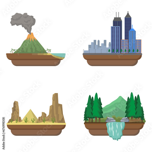 Set of various landscape floating island isolated vector illustration. different landscape scenes. volcano island. city skyline. desert island. forest island