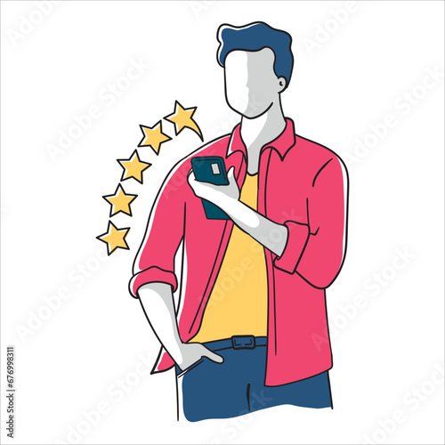 Happy and satisfied vector customer flat man giving Five stars rating on smartphone. Customer review rating and client feedback concept. Modern illustration