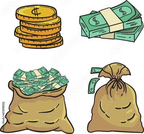 Cartoon money bag and piles. gold stacks and sack with dollars. Cash savings vector set