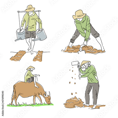 Traditional farmer in field. Collection of rural man plowing field by cow, collect, carry and harvesting. Rural business and village concept