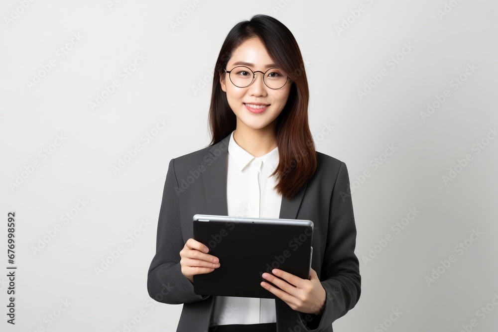 Image of young asian woman company worker in glasses smiling and holding digital tablet standing over white background, generative ai Image of young asian woman company worker in glasses smiling and holding digital tablet standing over white background, generative ai