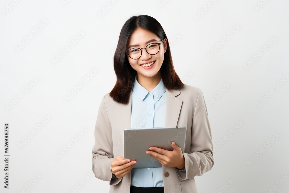 Image of young asian woman company worker in glasses smiling and holding digital tablet standing over white background, generative ai Image of young asian woman company worker in glasses smiling and holding digital tablet standing over white background, generative ai