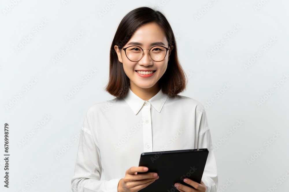 Image of young asian woman company worker in glasses smiling and holding digital tablet standing over white background, generative ai Image of young asian woman company worker in glasses smiling and holding digital tablet standing over white background, generative ai
