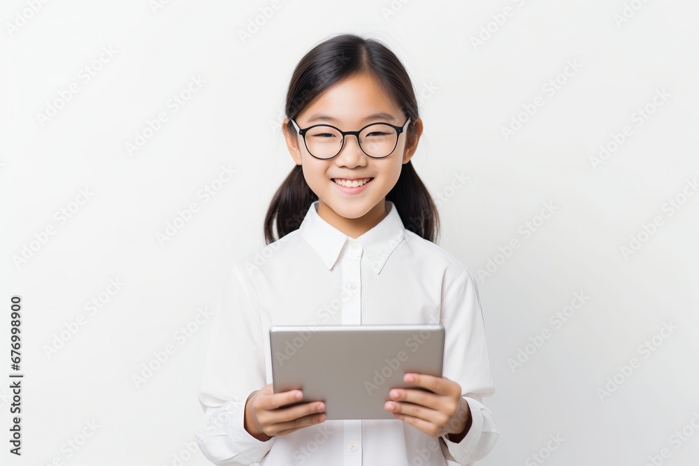 Image of young asian woman company worker in glasses smiling and holding digital tablet standing over white background, generative ai Image of young asian woman company worker in glasses smiling and holding digital tablet standing over white background, generative ai