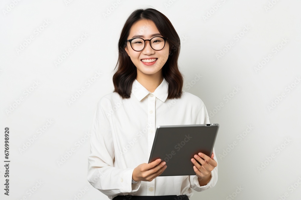 Image of young asian woman company worker in glasses smiling and holding digital tablet standing over white background, generative ai Image of young asian woman company worker in glasses smiling and holding digital tablet standing over white background, generative ai