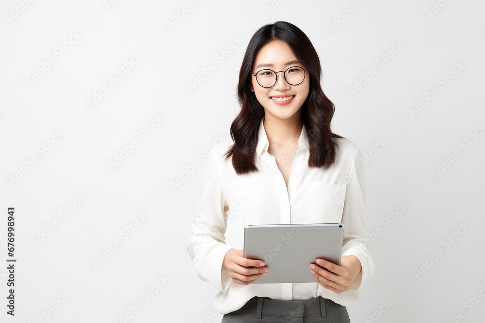 Image of young asian woman company worker in glasses smiling and holding digital tablet standing over white background, generative ai Image of young asian woman company worker in glasses smiling and holding digital tablet standing over white background, generative ai