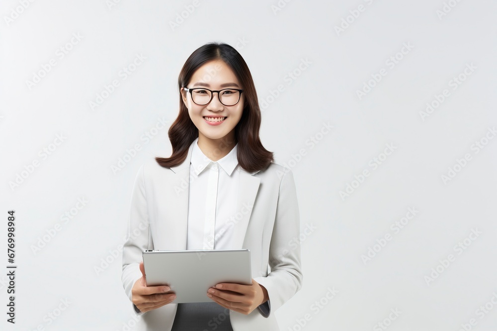 Image of young asian woman company worker in glasses smiling and holding digital tablet standing over white background, generative ai Image of young asian woman company worker in glasses smiling and holding digital tablet standing over white background, generative ai