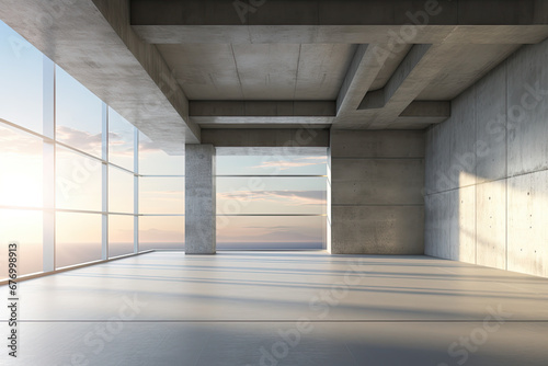 3d render of abstract futuristic glass architecture with empty concrete floor.