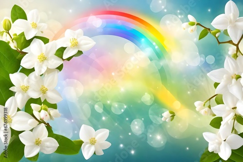 Abstract springtime background. blooming jasmine and a rainbow