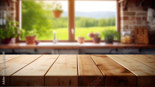 Empty wooden table with countryside kitchen in background
