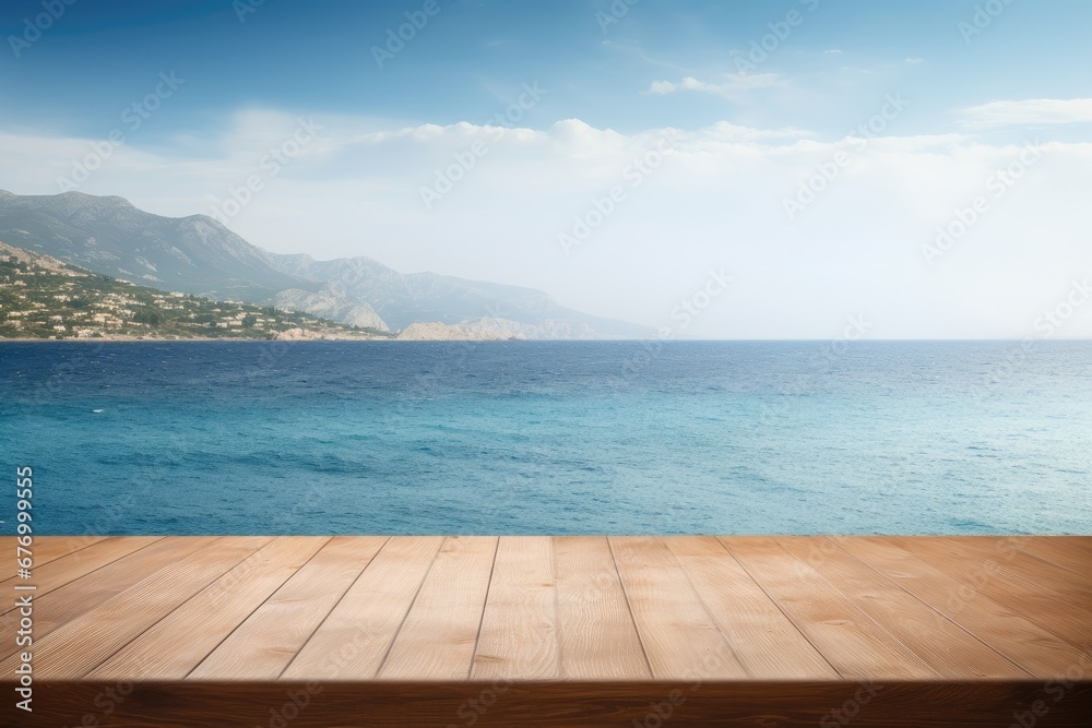 Wooden stage floor on the beach with trees and blue sky vacation background.