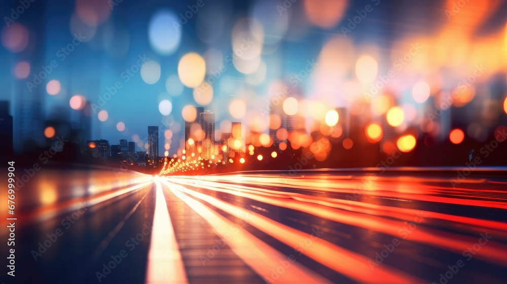 Bokeh and high speed motion blur from cars driving on a highway at twilight