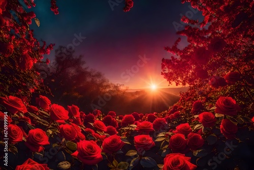 Red Roses Flowers blooming in Fantasy magical enchanted garden, fairytale floral grove on mysterious evening dusk background with sunset light in golden hour, symmetric panoramic wide banner. 