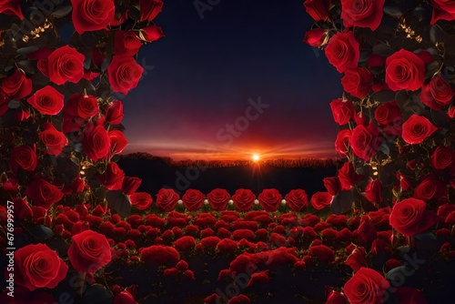 Red Roses Flowers blooming in Fantasy magical enchanted garden, fairytale floral grove on mysterious evening dusk background with sunset light in golden hour, symmetric panoramic wide banner.
 #676999957