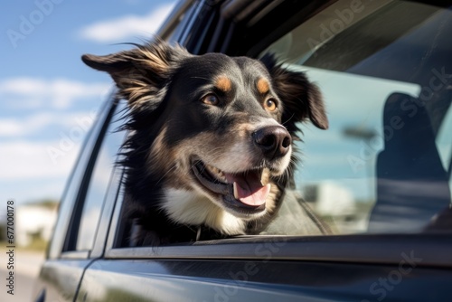 Dog with radiant eyes and open mouth, enjoying car ride in cityscape. Adventure and companionship. © Postproduction