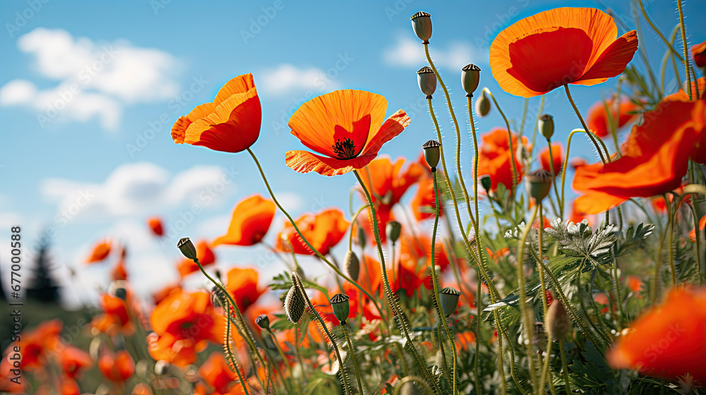 Obraz premium red poppy field with blue sky background