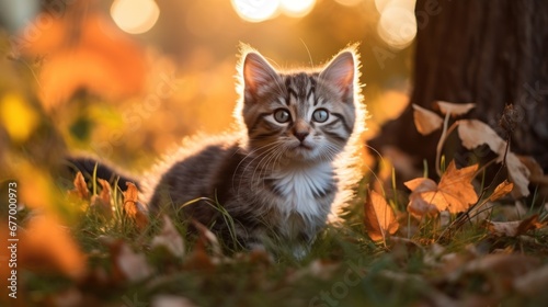 A Cute kitten playing with yellow autumn leaves at sunset. the backyard The background of the photo is a relaxing environment in the backyard.