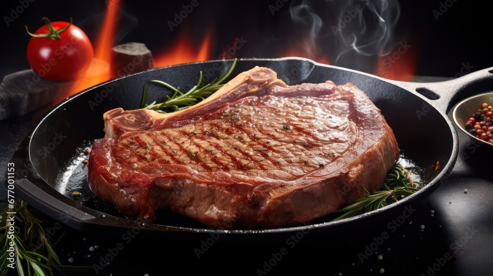 A Large T-Bone Steak dramatic studio lighting and a shallow depth of field, placed on a white background surface, hot steam. A Large T-Bone Steak dramatic studio lighting and a shallow depth of field, placed on a white background surface, hot steam.