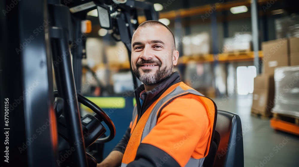 A Portrait of a professional industrial worker driving a forklift, a team of quality control staff storing goods, shelving, Warehouse Workshop for factory workers, quality control engineers. A Portrait of a professional industrial worker driving a forklift, a team of quality control staff storing goods, shelving, Warehouse Workshop for factory workers, quality control engineers.