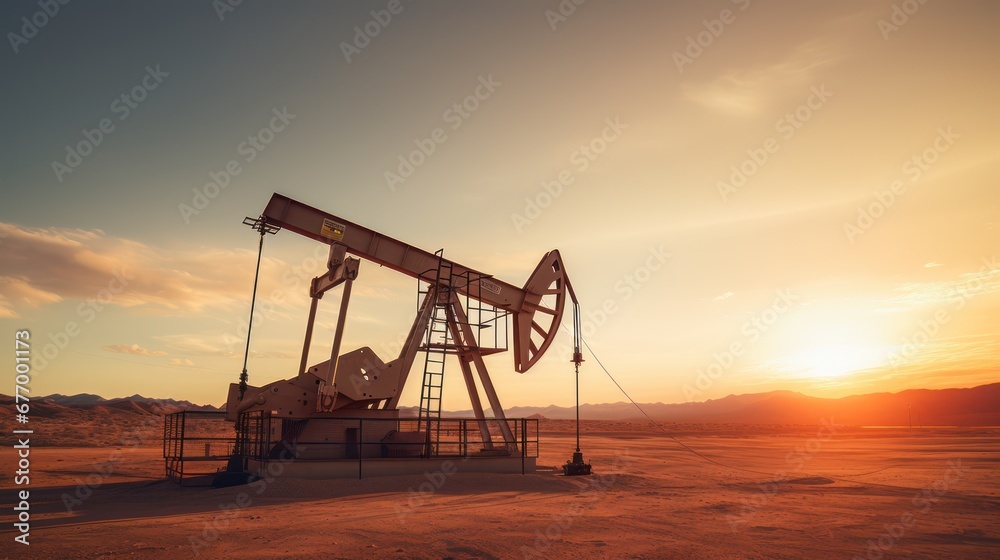 A Oil drilling machine in the desert, Industry, energy industry, gas station at sunset.