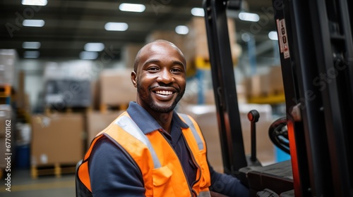 A Portrait of a professional industrial worker driving a forklift, a team of quality control staff storing goods, shelving, Warehouse Workshop for factory workers, quality control engineers.