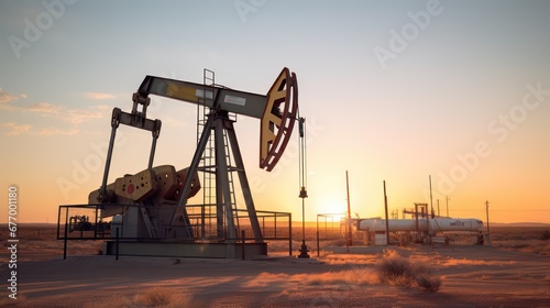 A Oil drilling machine in the desert, Industry, energy industry, gas station at sunset.