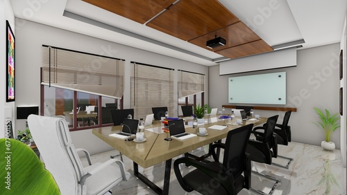 Luxury conference room interior with furniture and panoramic New York city view. 3D Rendering