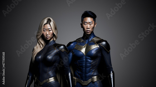 Asian couple in superhero costume. Asiatic guy and lady in super hero suit