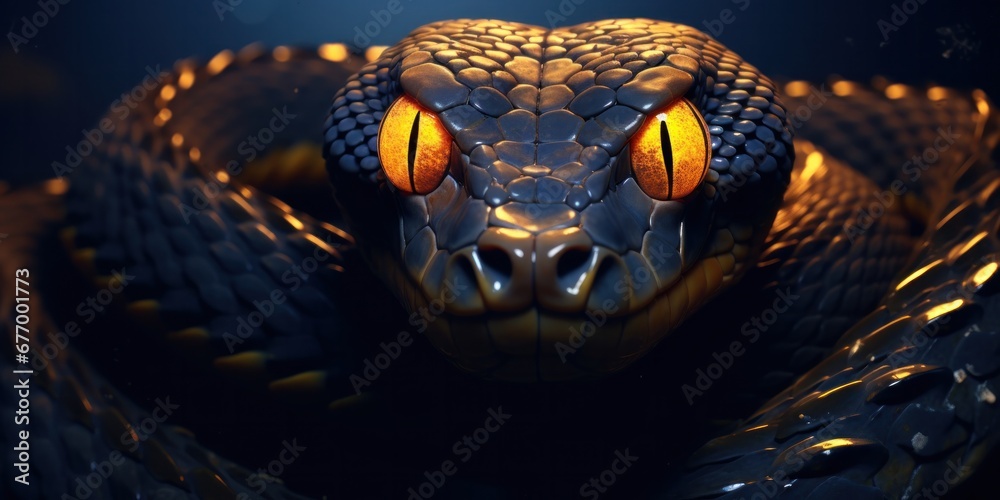 Fototapeta premium a black and blue snake with eyes, generative AI