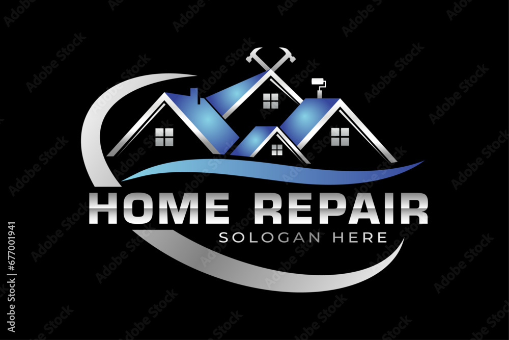 High quality colorful home repair, roofing, remodeling, handyman, home renovation, decor logo	