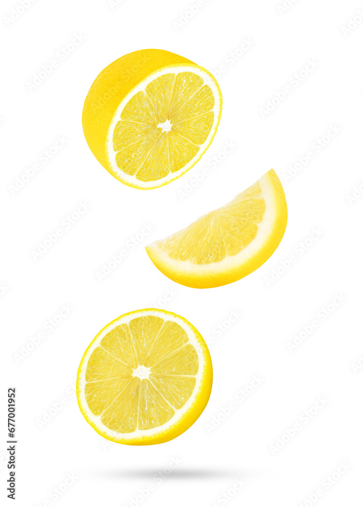 Slices of fresh lemon fruit falling in the air isolated on transparent background. PNG Slices of fresh lemon fruit falling in the air isolated on transparent background. PNG