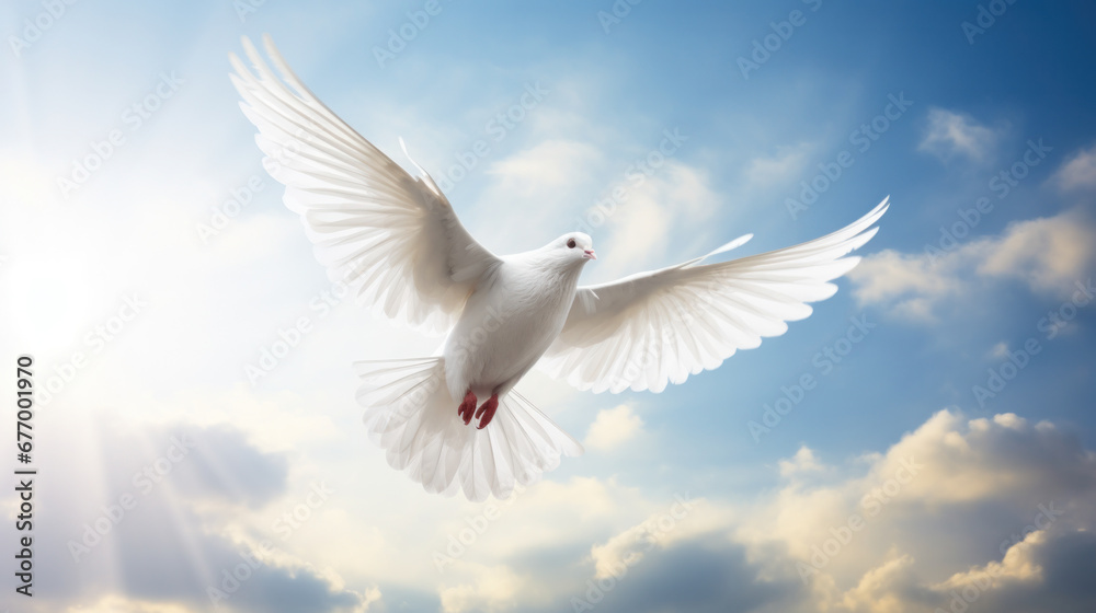 A white dove a sky with clouds background. Symbol of love and peace descends from sky.