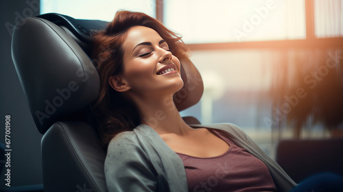 A happy woman relaxing on the massage chair in the living room.