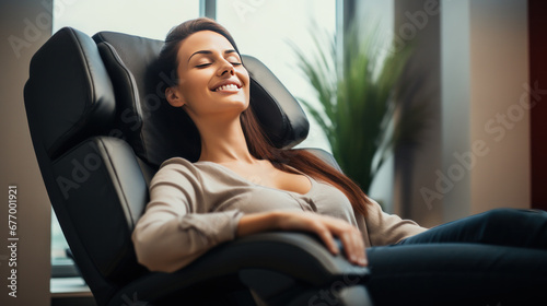 A happy woman relaxing on the massage chair in the living room. photo